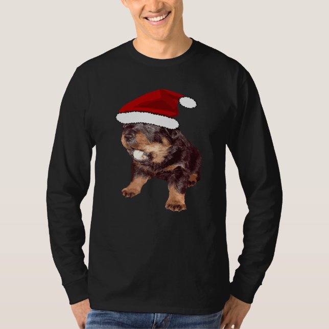 Cute Christmas Rottweiler With Red Santa Hat  1 T-Shirt (Front)