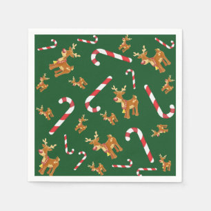 Cute Christmas Rudolph Candy Cane Pattern Green Napkin