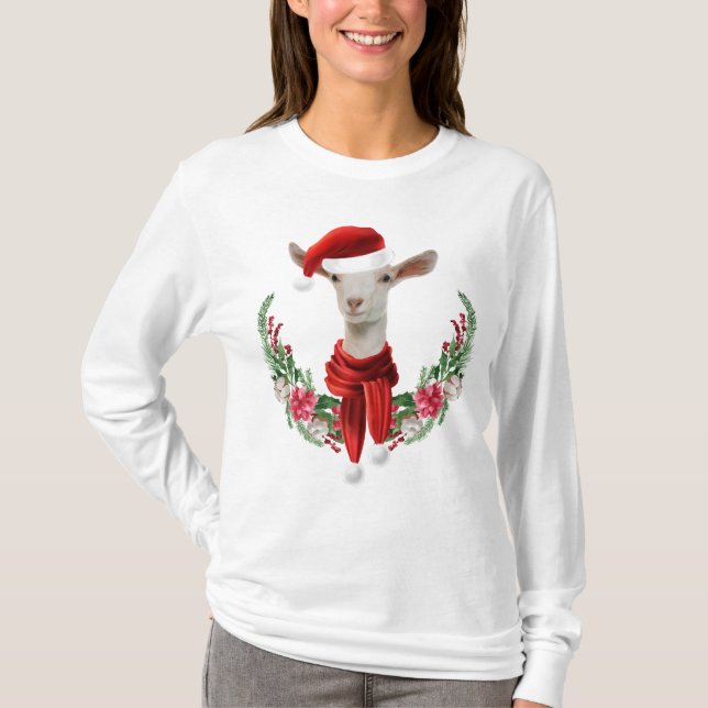 Cute Christmas Saanen Goat Kid with Wreath T-Shirt (Front)