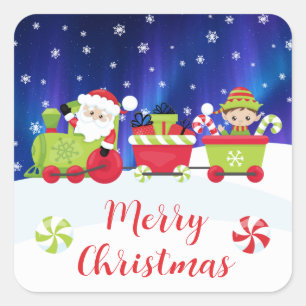 Cute Christmas Santa and Elf Train Square Sticker