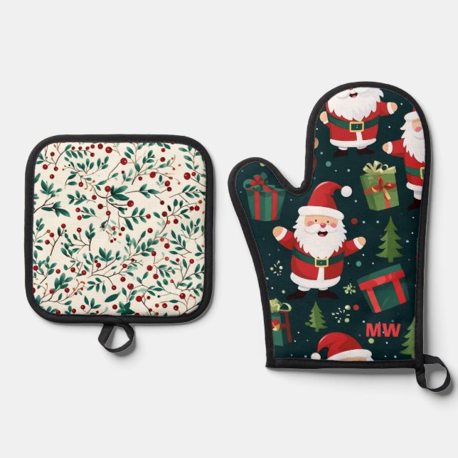 Cute Christmas Santa and Holly Oven Mitt & Pot Holder Set (Front)