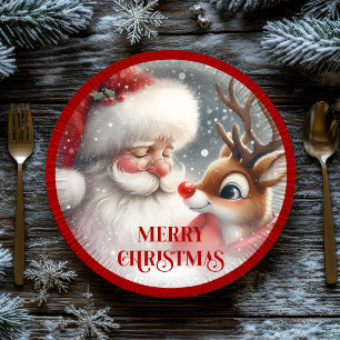 Cute Christmas Santa and Rudolph Paper Plates