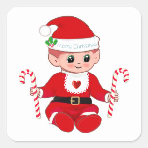 Cute Christmas Santa Baby & Candy Canes Square Sticker