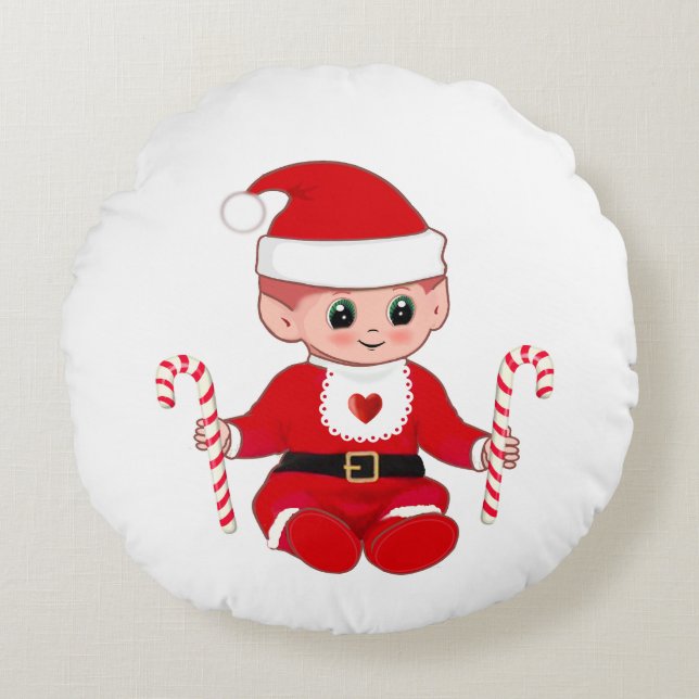 Cute Christmas Santa Baby Elf  & Candy Canes Round Cushion (Front)