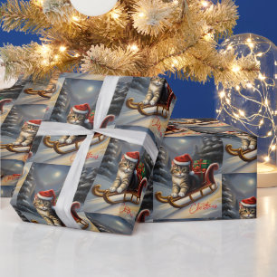 Cute Christmas Santa Cat on the Sleigh  Wrapping Paper