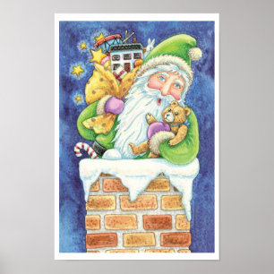 Cute Christmas, Santa Claus in Chimney with Toys Poster