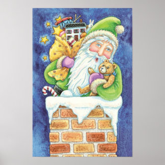 Cute Christmas, Santa Claus in Chimney with Toys Poster