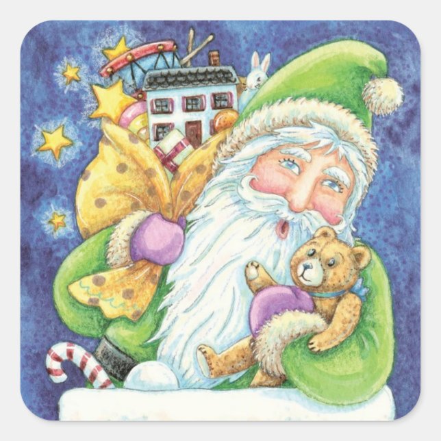 Cute Christmas, Santa Claus in Chimney with Toys Square Sticker (Front)