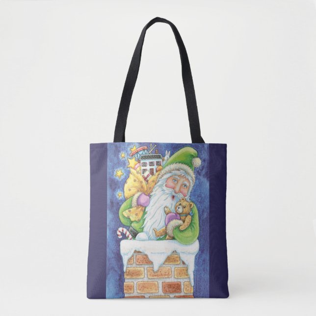 Cute Christmas, Santa Claus in Chimney with Toys Tote Bag (Front)
