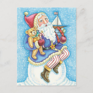 Cute Christmas, Santa Claus on Snowball with Toys Holiday Postcard