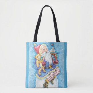 Cute Christmas, Santa Claus on Snowball with Toys Tote Bag
