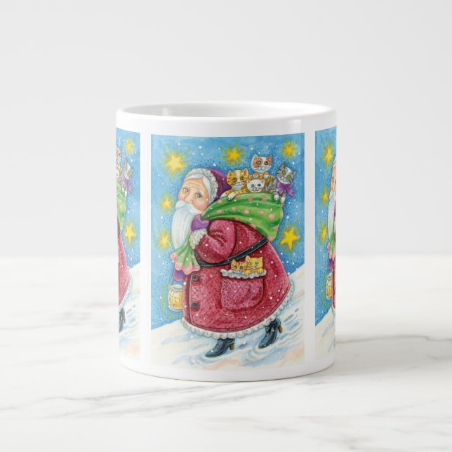 Cute Christmas, Santa Claus with Kittens and Cats! Large Coffee Mug (Front)