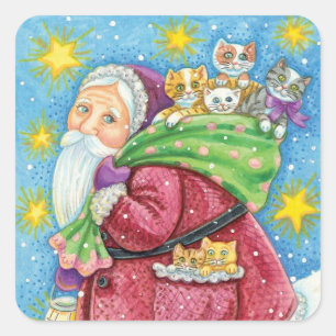 Cute Christmas, Santa Claus with Kittens and Cats! Square Sticker
