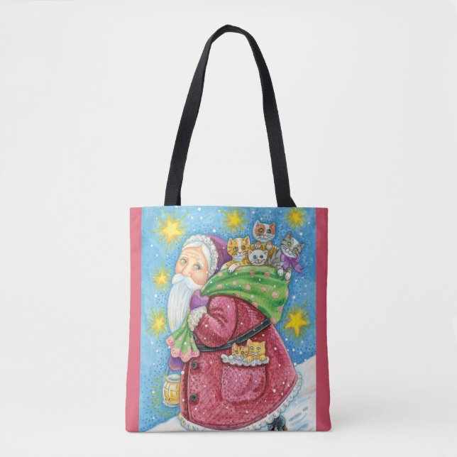 Cute Christmas, Santa Claus with Kittens and Cats! Tote Bag (Front)