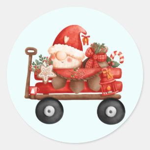 Cute Christmas Santa Gnome on a Country Wagon  Classic Round Sticker
