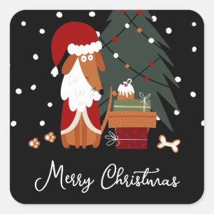 Cute Christmas Santa Paws Dog & Presents Square Sticker