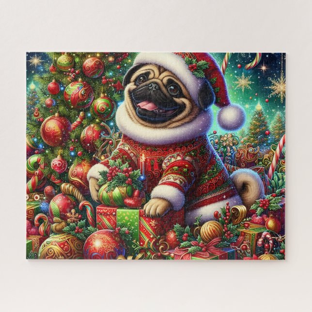 Cute Christmas Santa Pug Dog Jigsaw Puzzle (Horizontal)