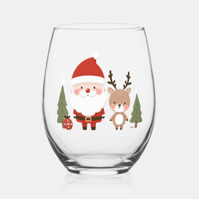 Cute Christmas Santa & Reindeer  Stemless Wine Glass (Back)