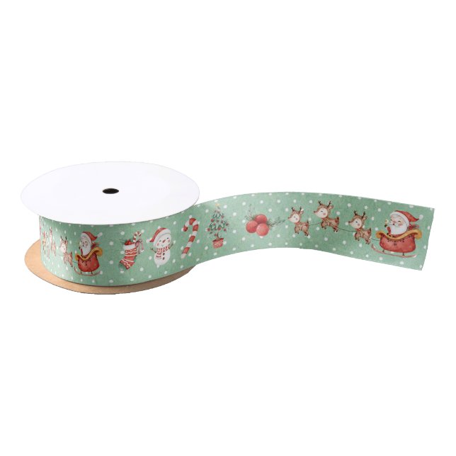 Cute Christmas Santa Snowman Reindeer Mint Polka Satin Ribbon (Spool)
