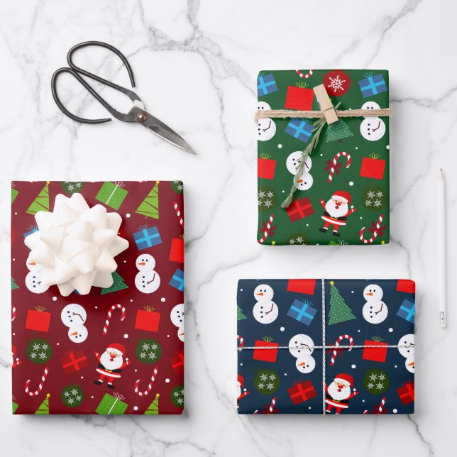 Cute Christmas Santa & Snowman Set of 3 Wrapping Paper Sheet (Front)
