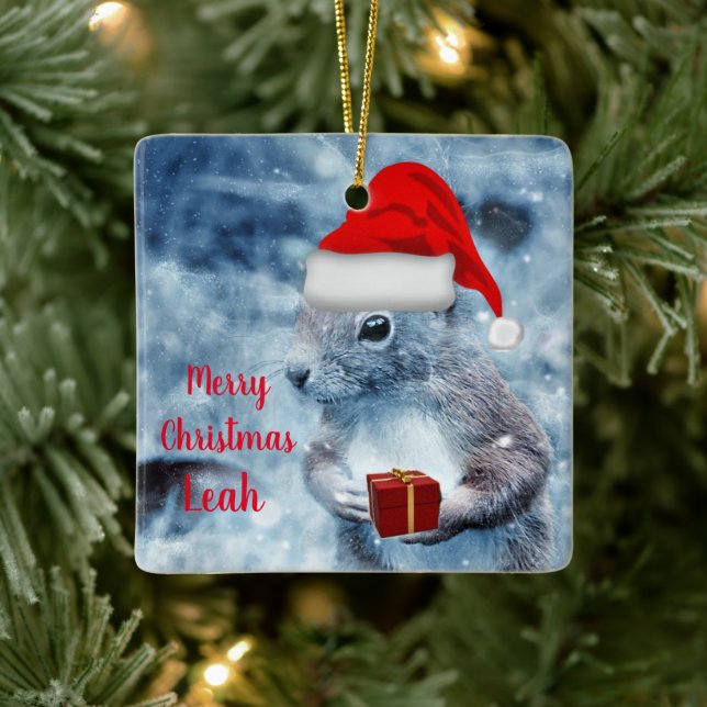Cute Christmas  Santa Squirrel Ceramic Ornament (Tree)