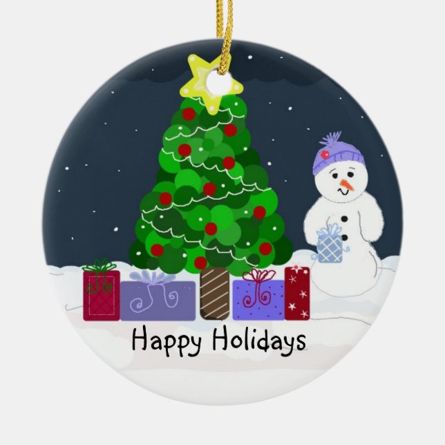Cute Christmas Scene Ceramic Tree Decoration (Front)