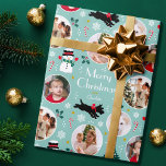 Cute Christmas Scottie Dog Teal Editable Photo Wrapping Paper<br><div class="desc">Add a little whimsical charm to the holiday season with this cute Christmas gift wrap! An editable template, personalised with a name and four photos of your family, friends or pets. This seamless pattern features original artwork of a Scottie dog wearing a red bow, as he dashes along in the...</div>