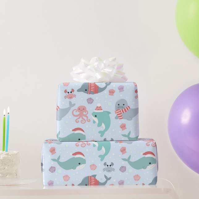 Cute Christmas Sea Life Dolphins Seals Pattern Wrapping Paper (Party Gifts)