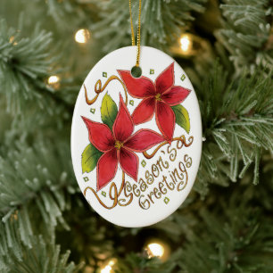 Cute Christmas Season's Greetings with Poinsettias Ceramic Tree Decoration