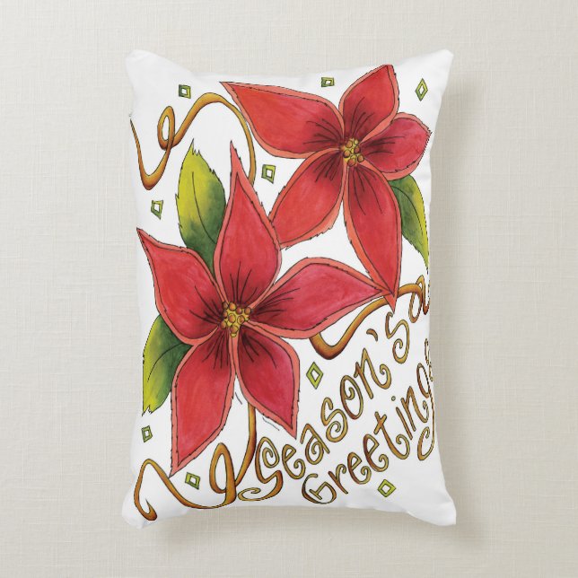 Cute Christmas Season's Greetings with Poinsettias Decorative Cushion (Front(Vertical))
