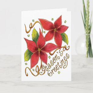Cute Christmas Season's Greetings with Poinsettias Holiday Card