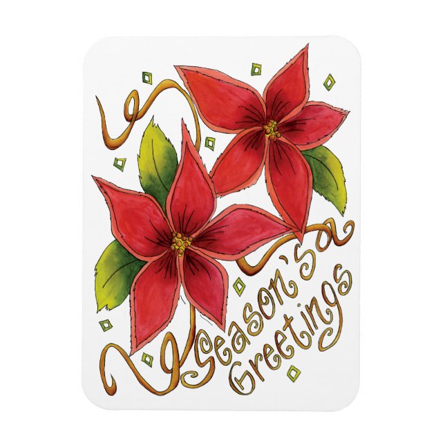 Cute Christmas Season's Greetings with Poinsettias Magnet (Vertical)