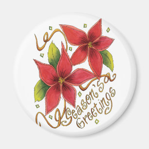 Cute Christmas Season's Greetings with Poinsettias Magnet