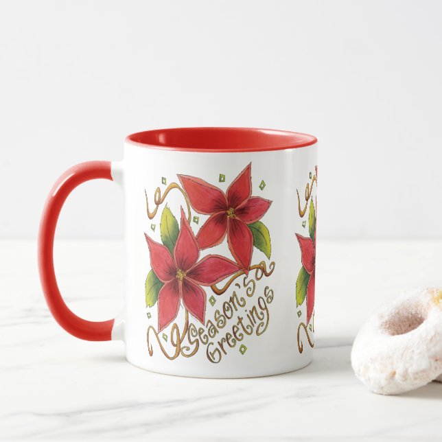 Cute Christmas Season's Greetings with Poinsettias Mug (With Donut)