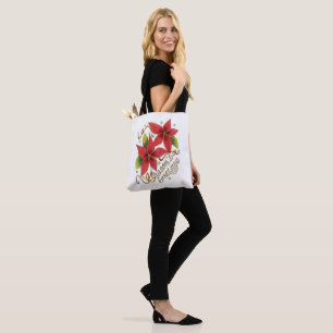 Cute Christmas Season's Greetings with Poinsettias Tote Bag