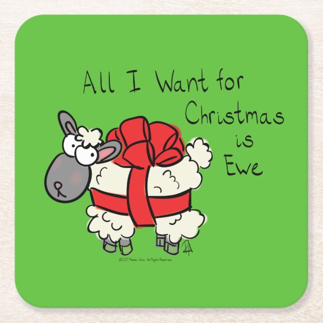 Cute Christmas Sheep Cartoon Square Paper Coaster (Front)