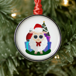 Cute Christmas Sheep Festive Holiday Round Metal Tree Decoration
