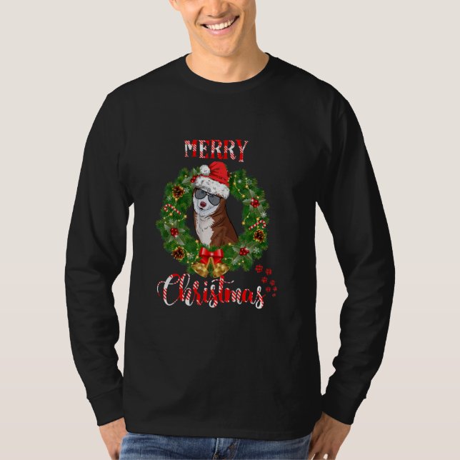 Cute Christmas Siberian Husky Dog Lover Merry T-Shirt (Front)