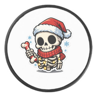 Cute Christmas Skeleton Holding Candy Cane Kawaii Hockey Puck