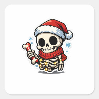Cute Christmas Skeleton Holding Candy Cane Kawaii Square Sticker