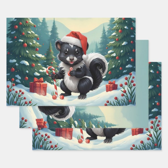 Cute Christmas Skunk Cartoon  Wrapping Paper Sheet (Set)