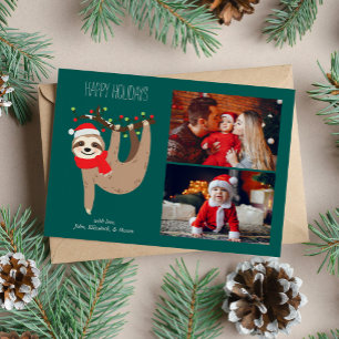 Cute Christmas Sloth 2 Photo Collage Holiday Card
