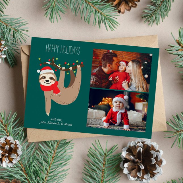 Cute Christmas Sloth 2 Photo Collage  Holiday Card (Creator Uploaded)