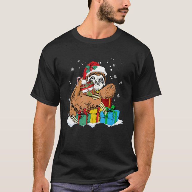 Cute Christmas Sloth and Santa Claus Hat T-Shirt (Front)