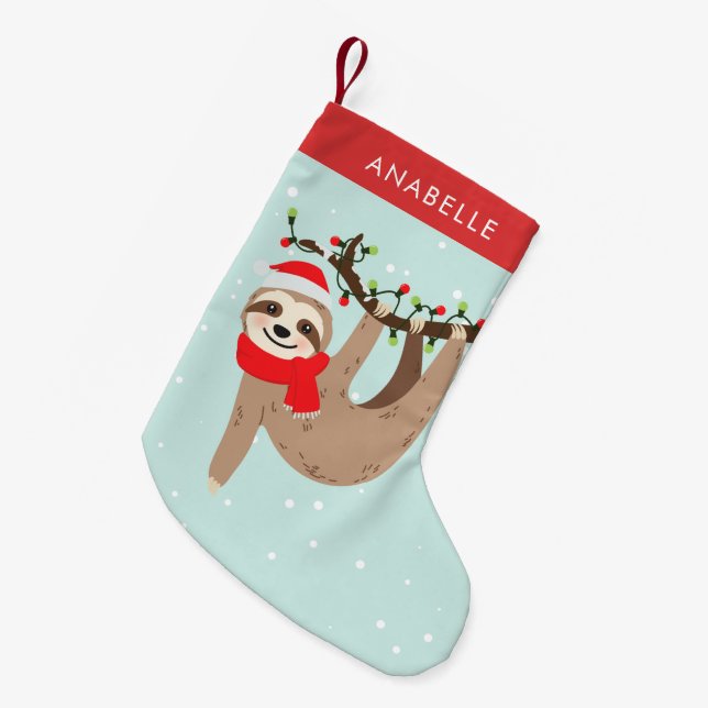 Cute Christmas Sloth Personalised Small Christmas Stocking (Front (Hanging))