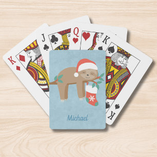 Cute Christmas Sloth Santa Hat Personalised Name Playing Cards