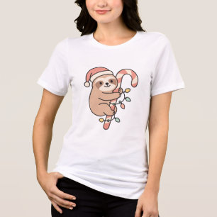 Cute Christmas Sloth with Candy Cane – Funny Tri-Blend Shirt