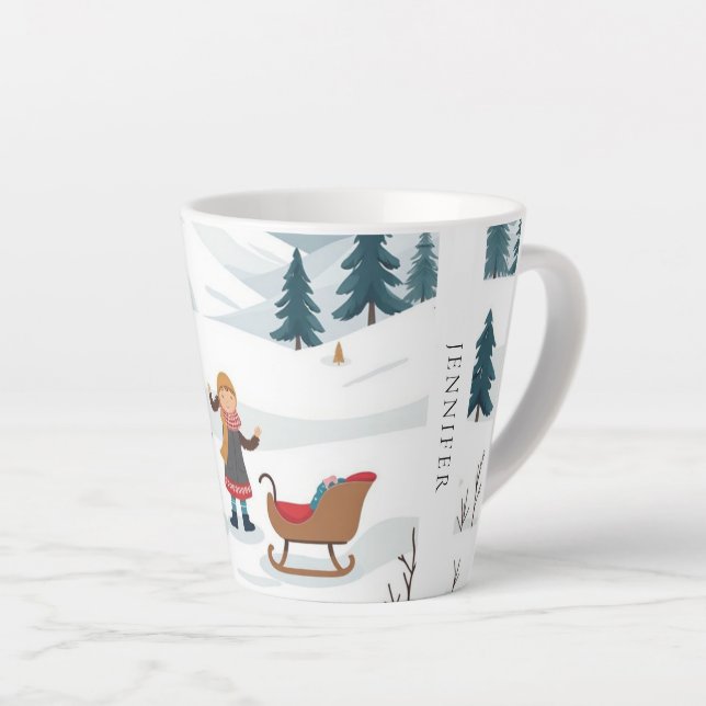 Cute christmas snow pattern monogrammed latte mug (Right Angle)