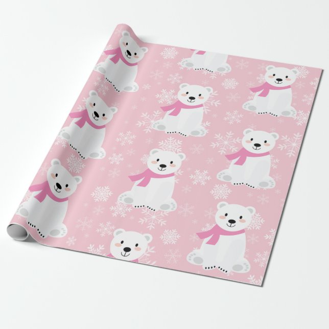 Cute Christmas Snowflake Polar Bear Baby Girl Pink Wrapping Paper (Unrolled)
