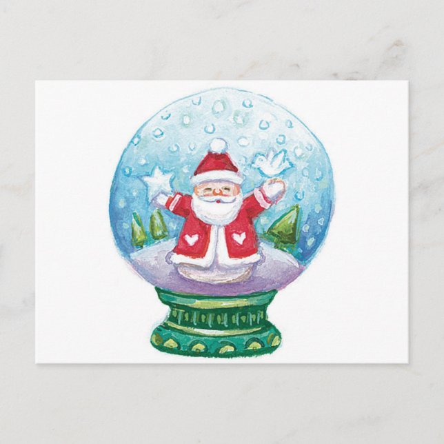 Cute Christmas Snowglobe Santa Claus, Star, Bird Holiday Postcard (Front)